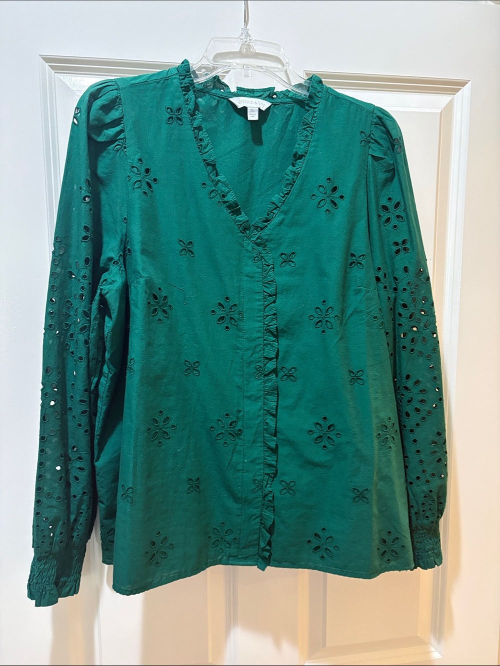 Emerald Eyelet Ruffle V-Neck Button-Down Blouse